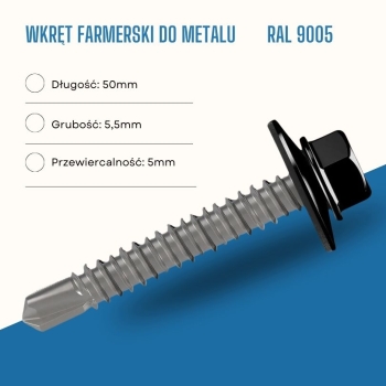 Wkręt farmerski do metalu 5,5X50 mm przewiercalność 5 mm w kolorze RAL 9005